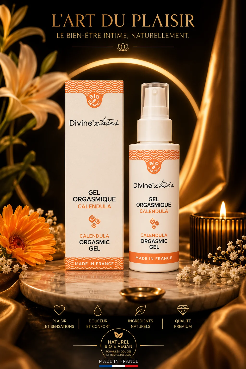 Gel orgasmique stimulant féminin bio au calendula 50 ml fabriqué en France